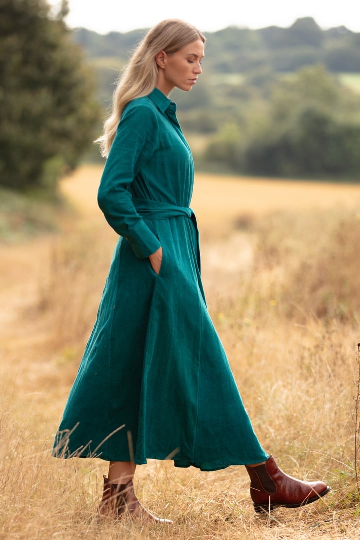 Teal Corduroy Midi Dress with Flowing Skirt Teal Corduroy Midi Dress with Flowing Skirt — Corduroy Dress