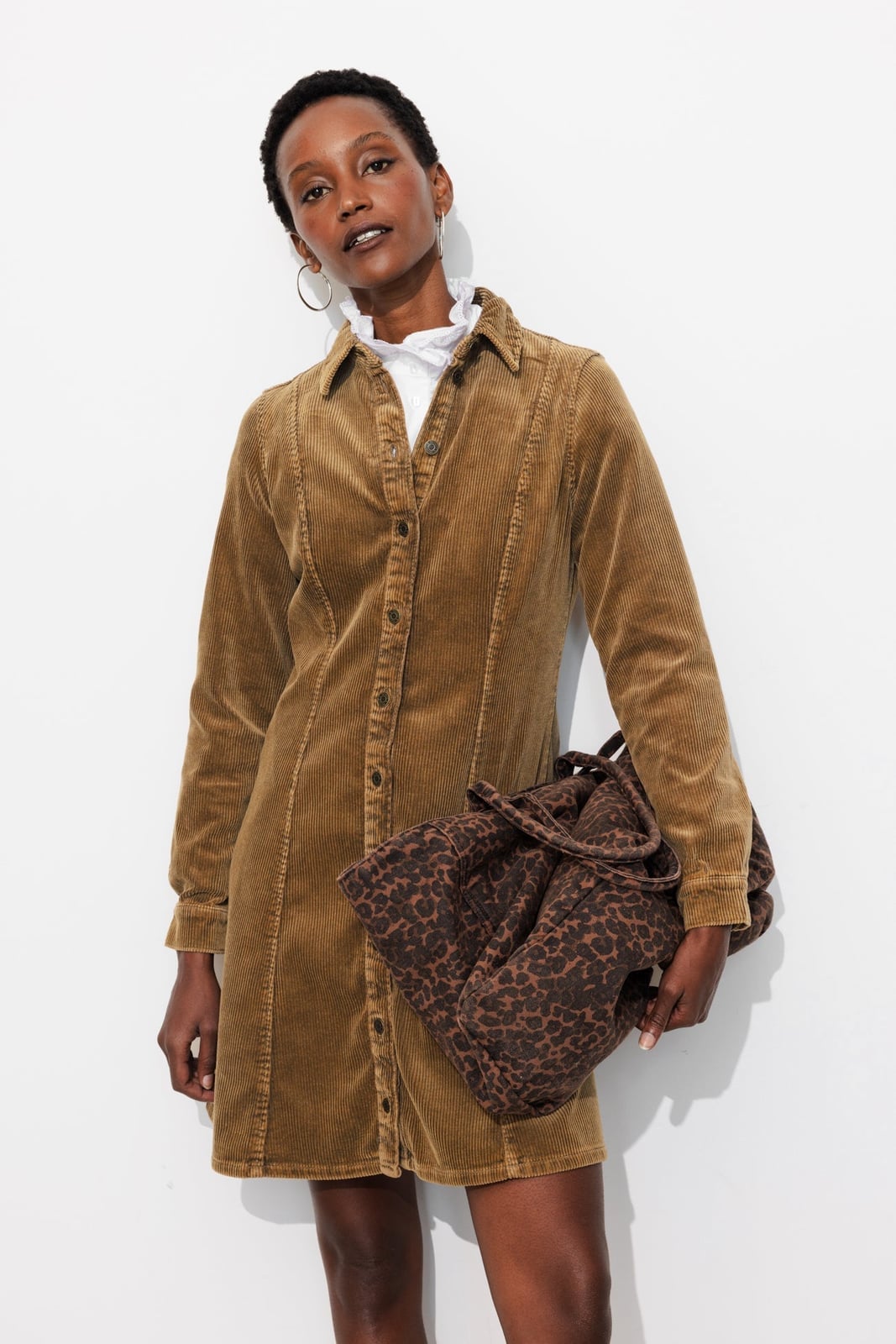 Brown Corduroy Shirtdress with Ruffled Collar Brown Corduroy Shirtdress with Ruffled Collar — Corduroy Dress