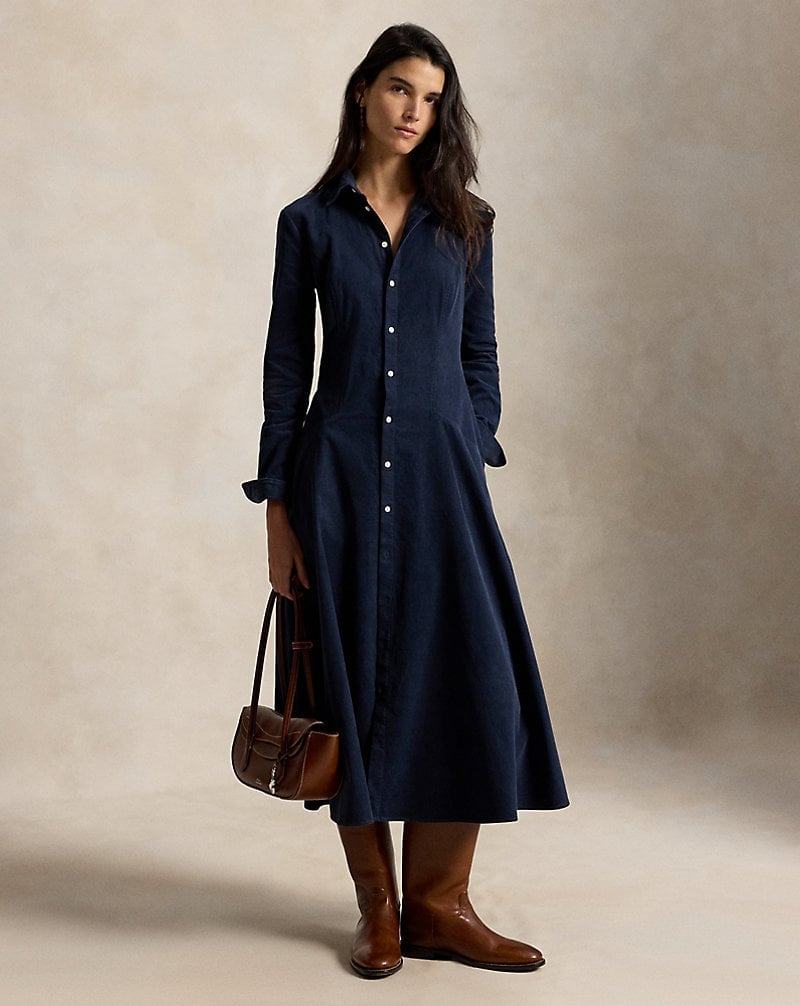 Navy Blue Corduroy Shirt Dress with A-line Skirt Navy Blue Corduroy Shirt Dress with A-line Skirt — Corduroy Dress