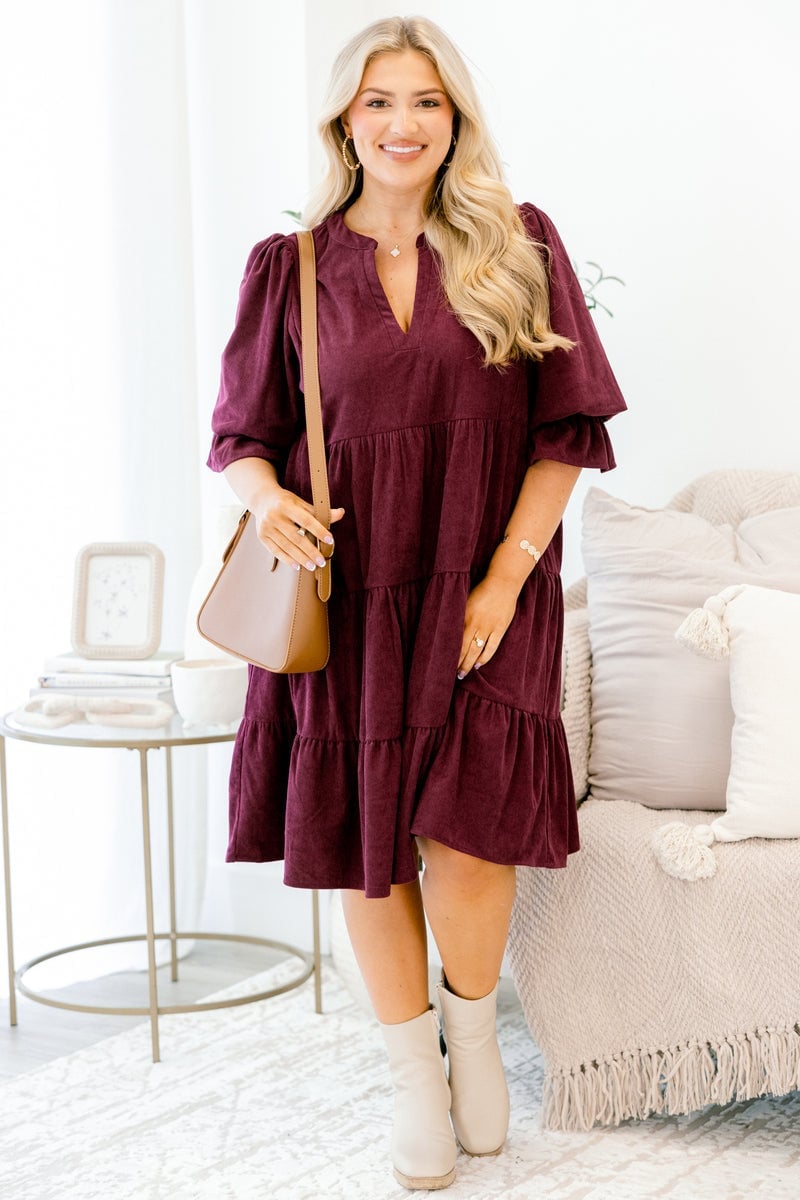 Plum Corduroy Tiered Dress with V-neck Plum Corduroy Tiered Dress with V-neck — Corduroy Dress