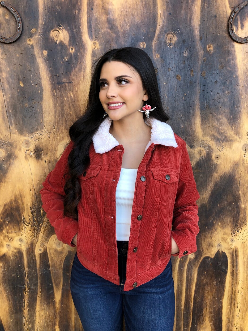 Red Shearling Collar Jacket with Dark Jeans — Corduroy Jacket Outfits