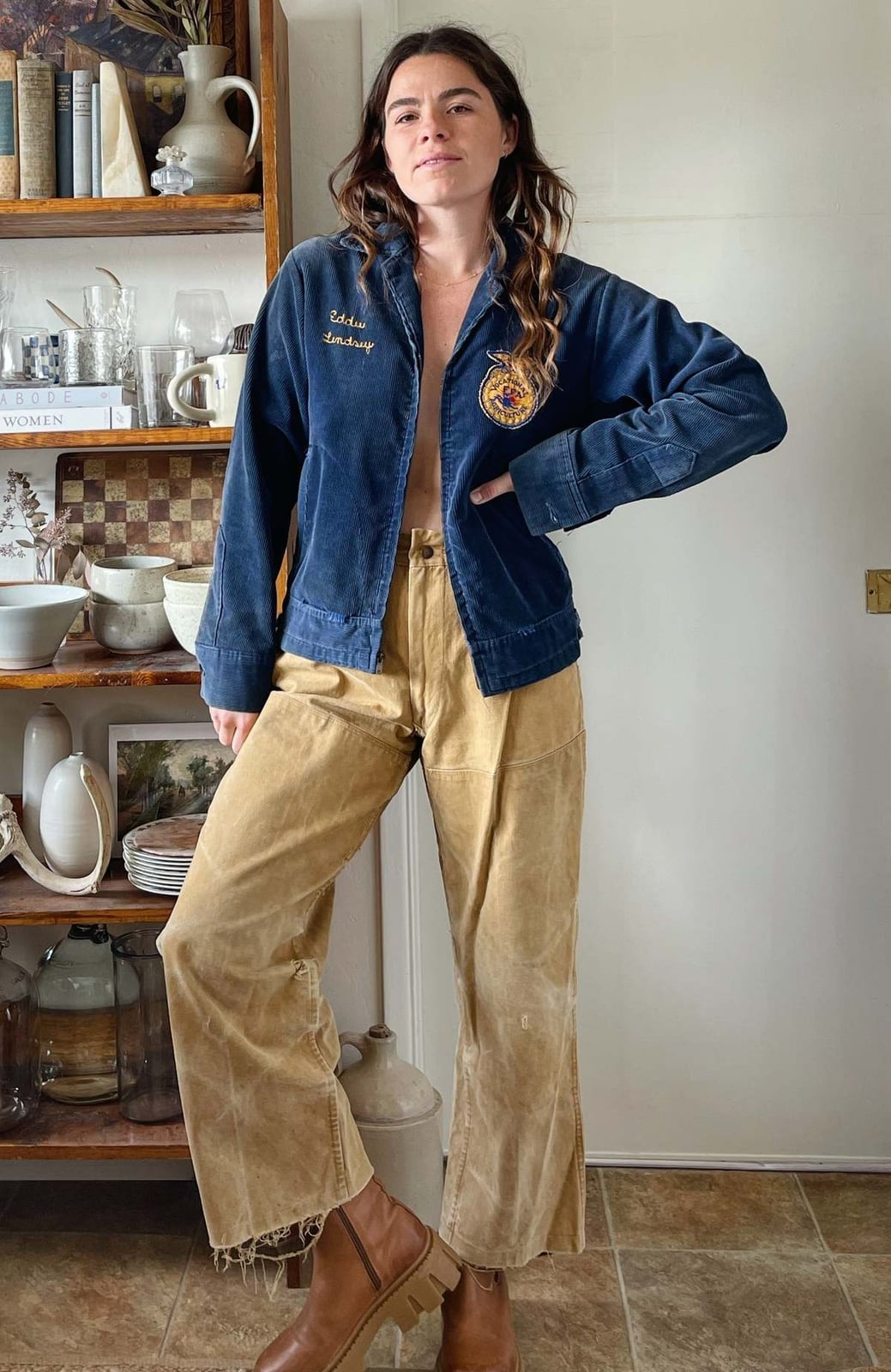 Embroidered Blue Jacket with Tan Wide-Leg Trousers — Corduroy Jacket Outfits