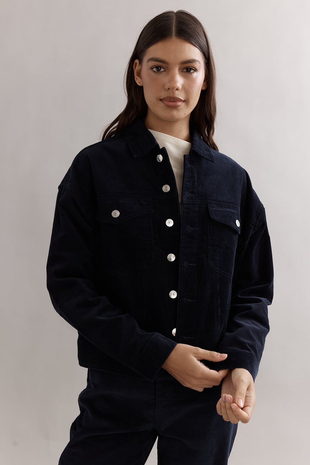 Navy Corduroy Jacket Detail with Silver Buttons — Corduroy Jacket Outfits