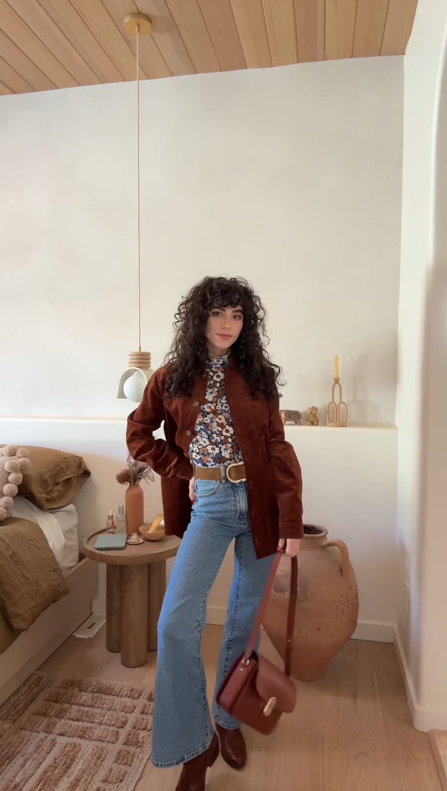 Brown Jacket with Floral Turtleneck and Wide-Leg Jeans — Corduroy Jacket Outfits