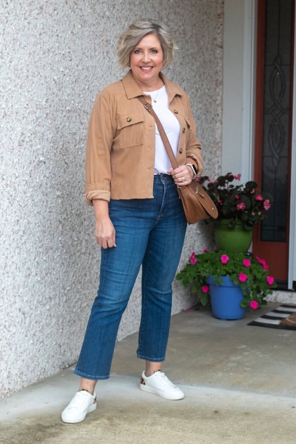 Camel Cropped Jacket with White T-Shirt and Sneakers — Corduroy Jacket Outfits