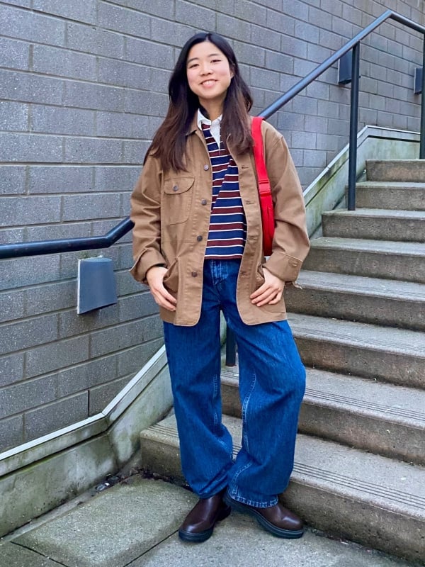 Brown Utility Jacket with Striped Sweater and Jeans — Corduroy Jacket Outfits