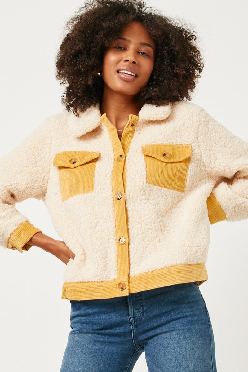 Cream Sherpa Jacket with Mustard Corduroy Pockets — Corduroy Jacket Outfits