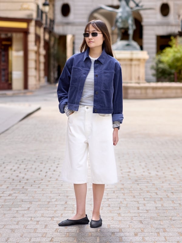 Navy Jacket with Striped Shirt and Culottes — Corduroy Jacket Outfits