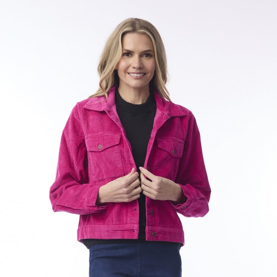 Hot Pink Jacket with Black Top and Blue Jeans — Corduroy Jacket Outfits