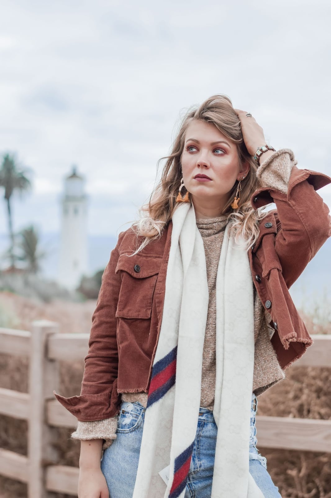 Brown Jacket with Beige Turtleneck and Striped Scarf — Corduroy Jacket Outfits