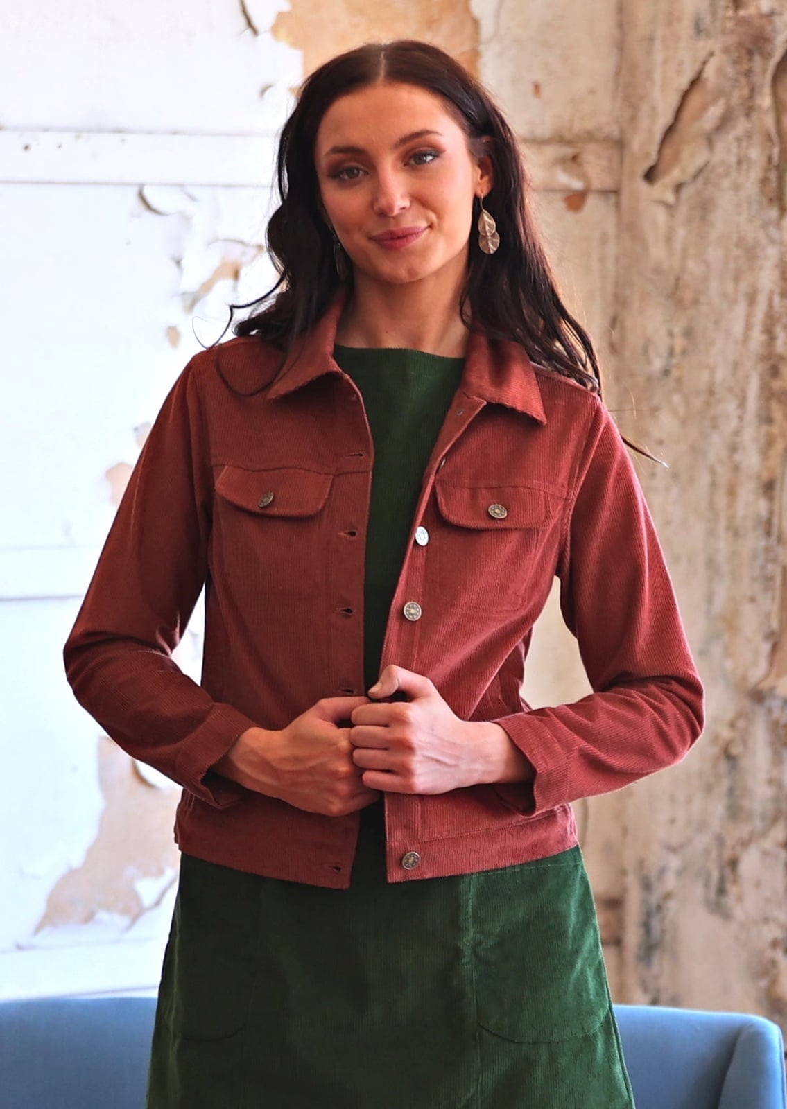 Cropped Red Jacket Over Green Dress — Corduroy Jacket Outfits
