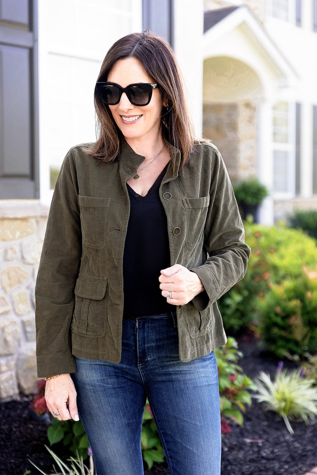 Olive Green Jacket with Black Top and Jeans — Corduroy Jacket Outfits