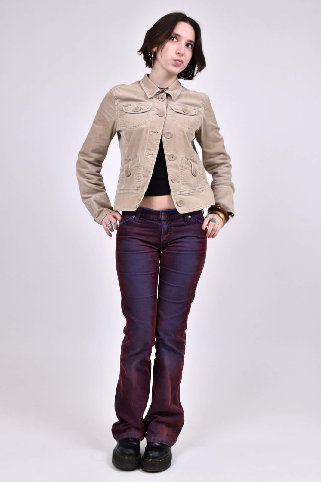 Beige Jacket with Purple Flared Pants and Platform Boots — Corduroy Jacket Outfits