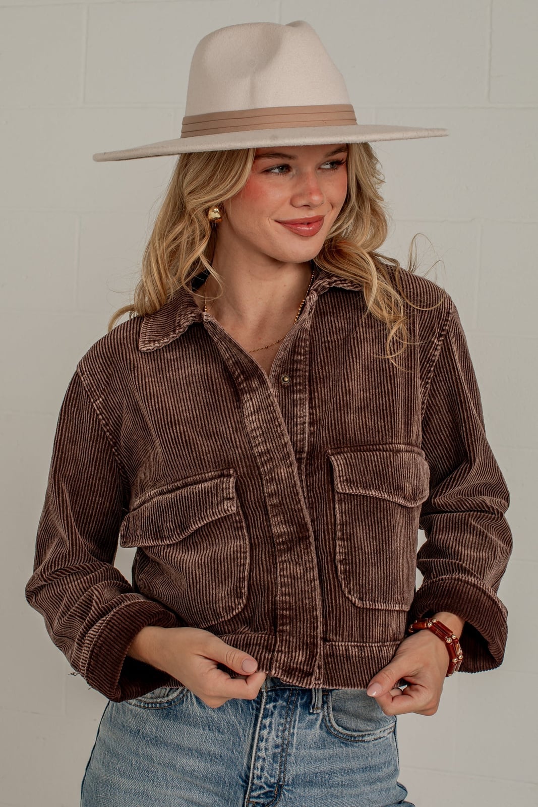 Brown Cropped Jacket with Hat and Jeans and A Delicate Necklace — Corduroy Jacket Outfits