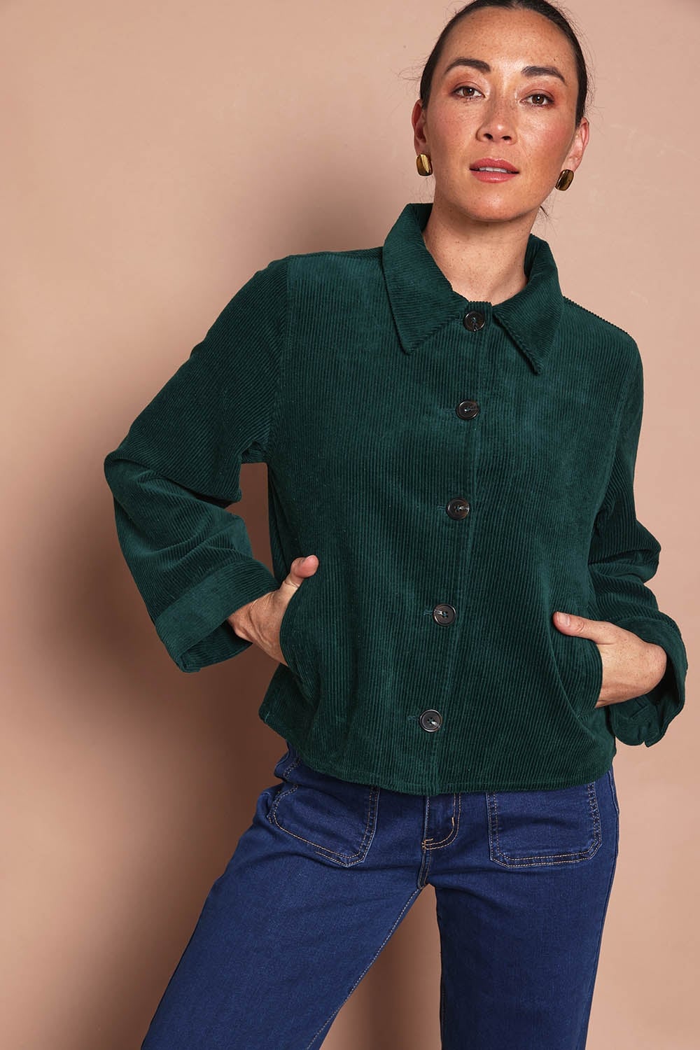Emerald Green Jacket with Jeans and Gold Hoops, Close-Up Take — Corduroy Jacket Outfits