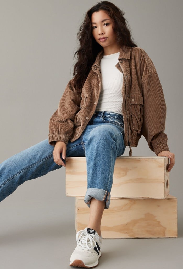 Brown Bomber Jacket with Jeans and Sneakers, Close-Up Take — Corduroy Jacket Outfits