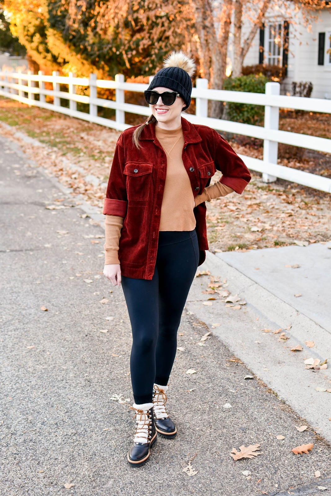 Rust Shirt Jacket with Leggings and Beanie and White And Brown Boots — Corduroy Jacket Outfits