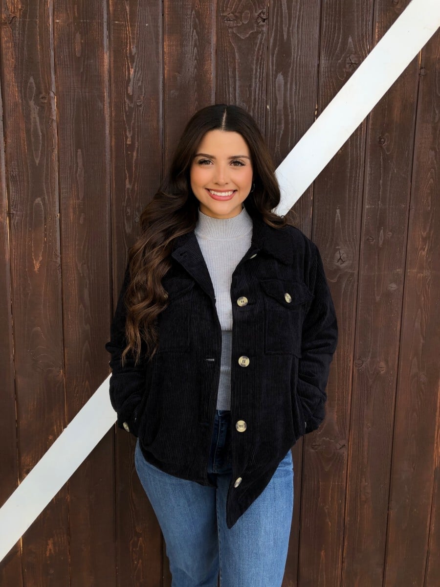 Black Button-Up Jacket with Gray Turtleneck, Office-Safe Version — Corduroy Jacket Outfits
