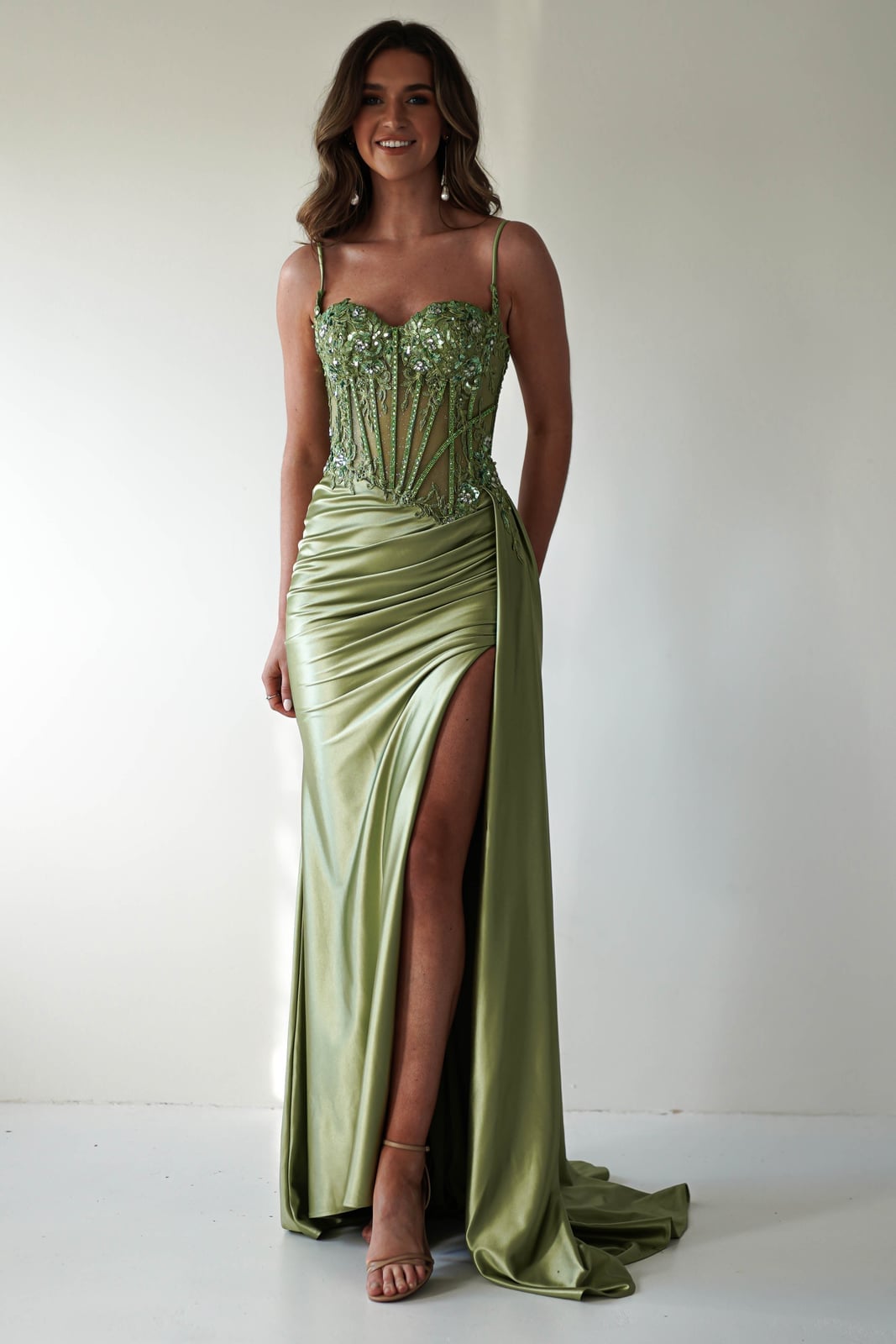 Green Embellished Corset Gown with Ruched Skirt Green Embellished Corset Gown with Ruched Skirt — Corset Dresses