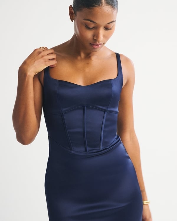 Navy Blue Satin Corset Midi Dress Navy Blue Satin Corset Midi Dress — Corset Dresses