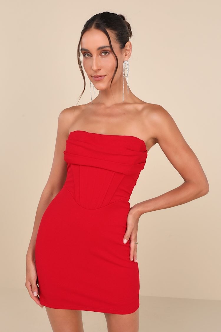 Red Strapless Corset Mini Dress with Draped Neckline Red Strapless Corset Mini Dress with Draped Neckline — Corset Dresses