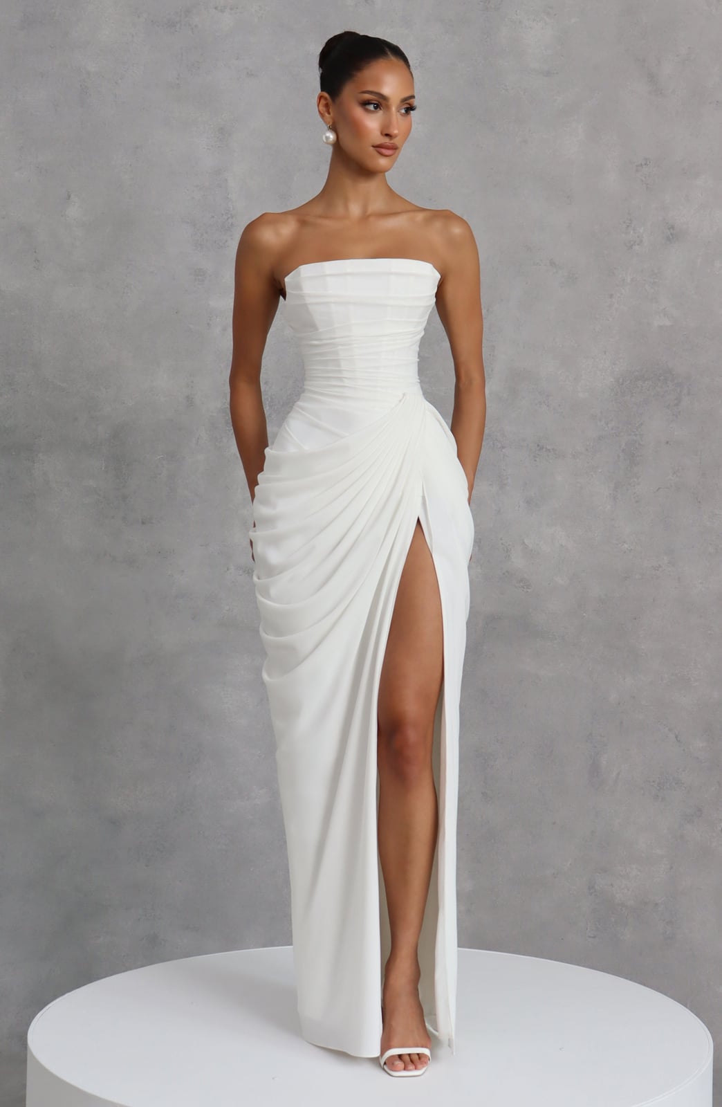 White Ruched Corset Maxi Dress with High Slit White Ruched Corset Maxi Dress with High Slit — Corset Dresses