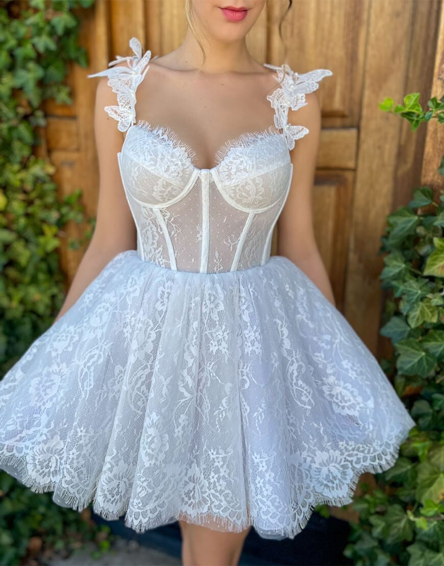 White Lace Corset Cocktail Dress with Tulle Skirt White Lace Corset Cocktail Dress with Tulle Skirt — Corset Dresses