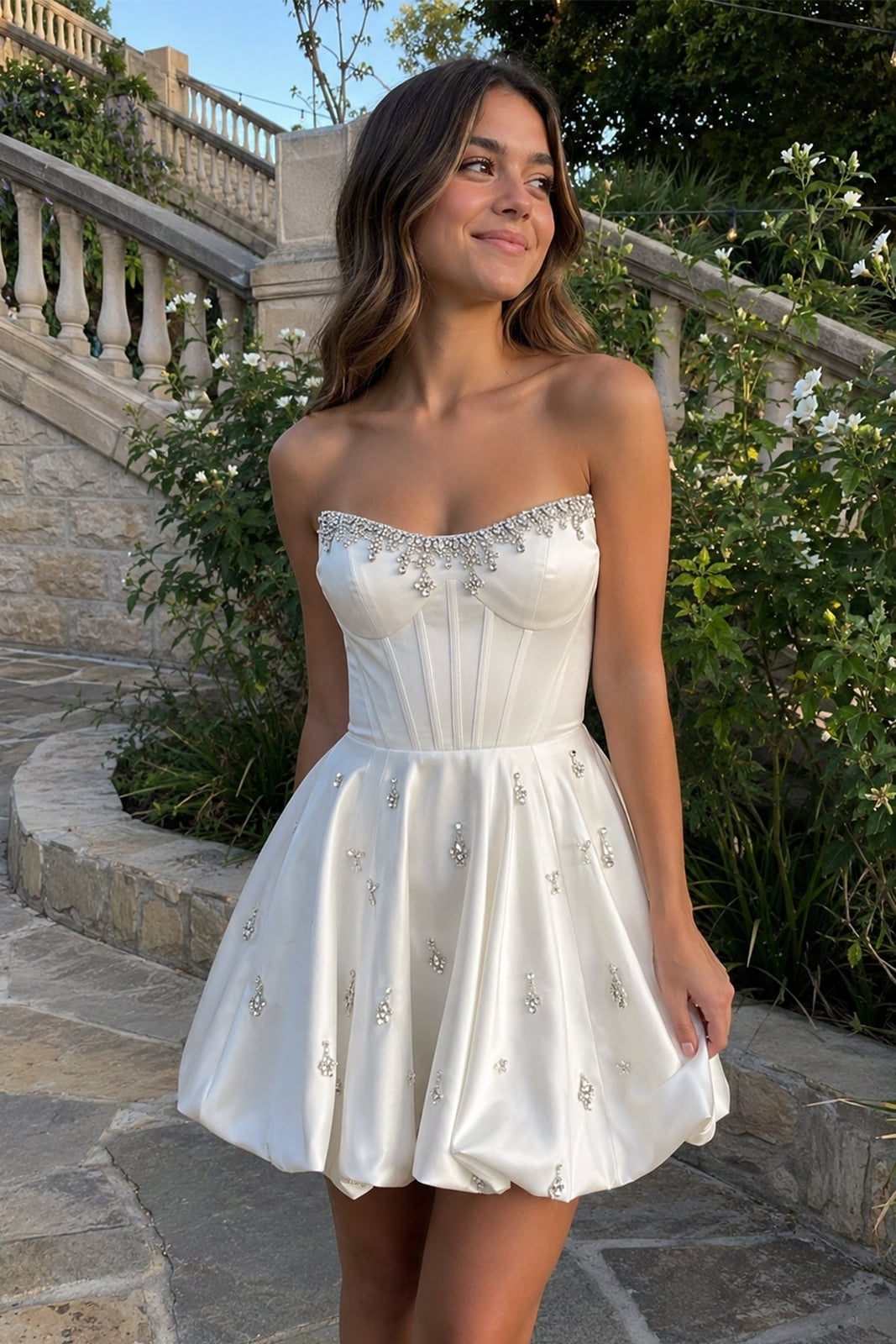 White Satin Corset Dress with Crystal Embellishments White Satin Corset Dress with Crystal Embellishments — Corset Dresses