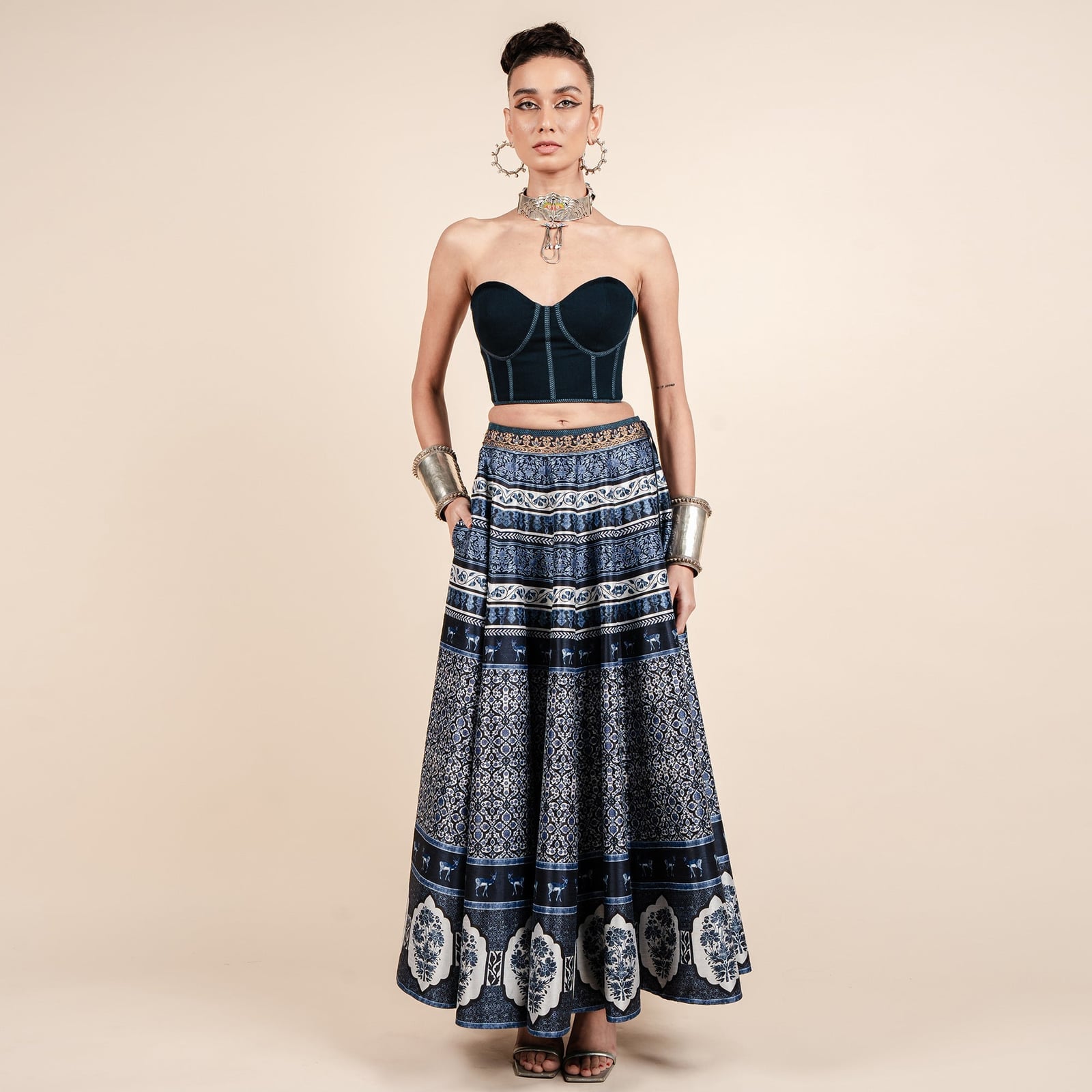 Navy Corset with Printed Maxi Skirt Navy Corset with Printed Maxi Skirt — Corset Outfits