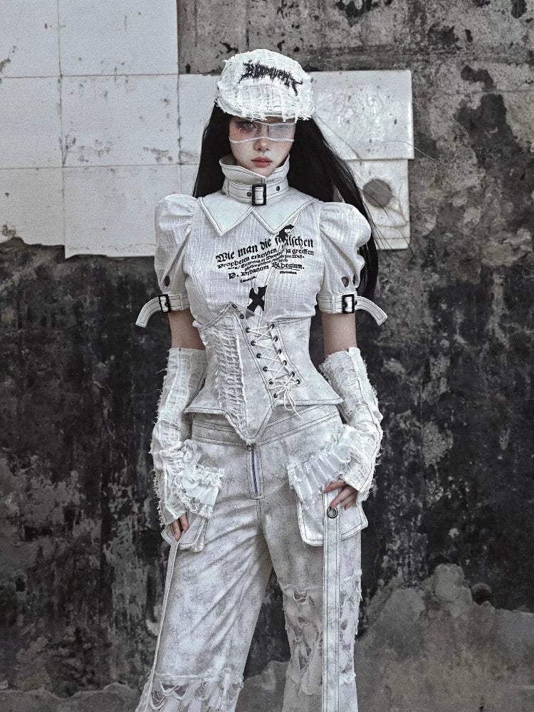 Laced Corset Over Shirt with Cargo Trousers Laced Corset Over Shirt with Cargo Trousers — Corset Outfits