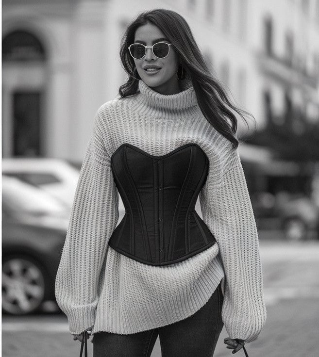 Structured Leather Corset Over Turtleneck Sweater Structured Leather Corset Over Turtleneck Sweater — Corset Outfits