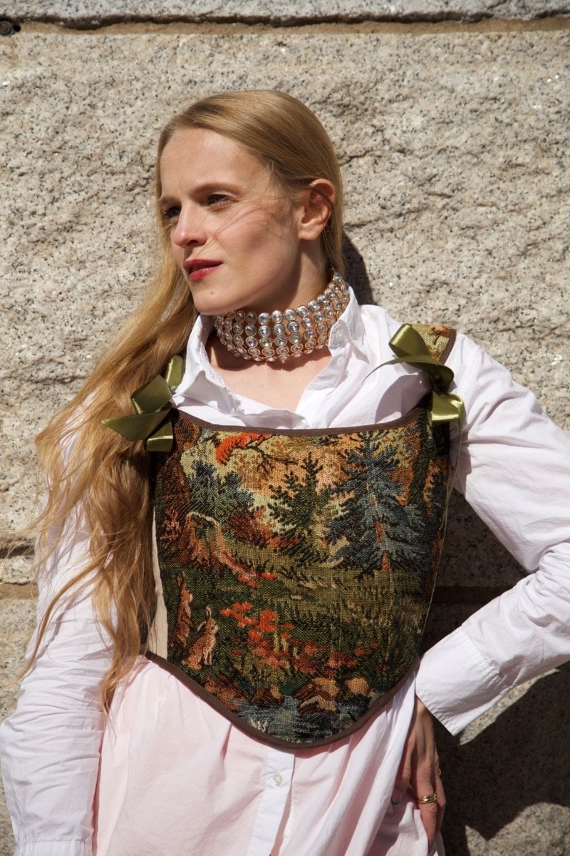 Tapestry Corset Vest Over Button-Down Shirt Tapestry Corset Vest Over Button-Down Shirt — Corset Outfits