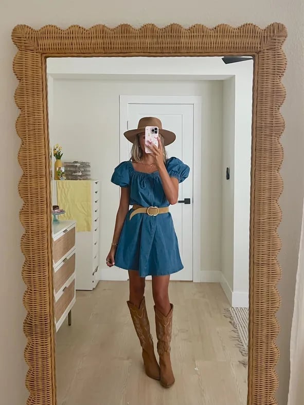 Denim Mini Dress With Western Hat — Country Concert Outfits Ideas