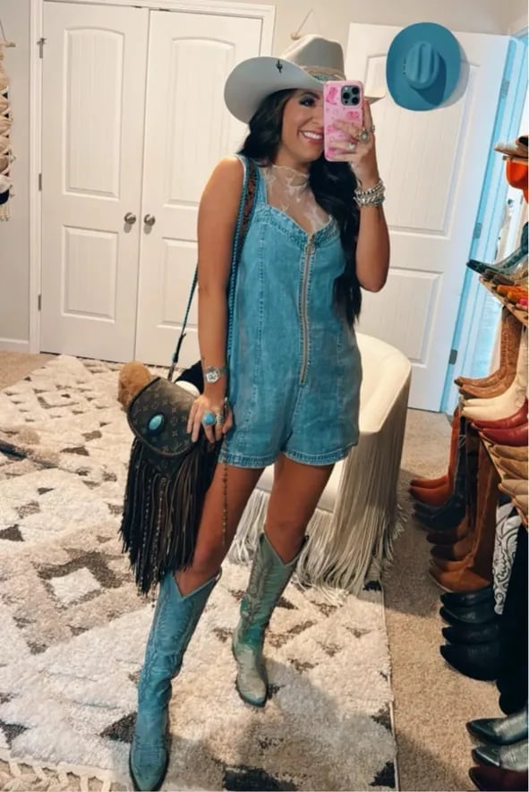 Denim Romper With Lace Detail And Fringe Bag — Country Concert Outfits Ideas