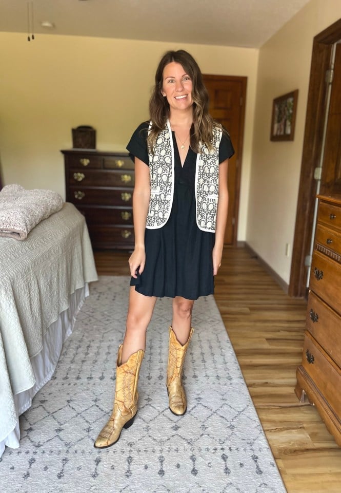 Patterned Vest Over Fit-and-Flare Dress — Country Concert Outfits Ideas