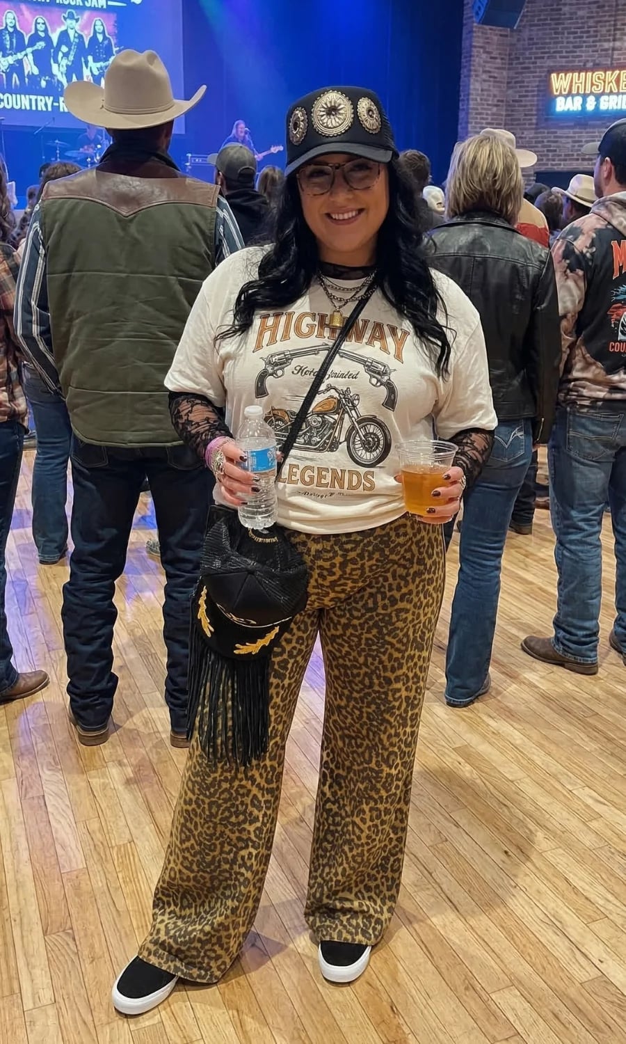 Leopard Print Pants With Graphic Tee And Sneakers — Country Concert Outfits Ideas