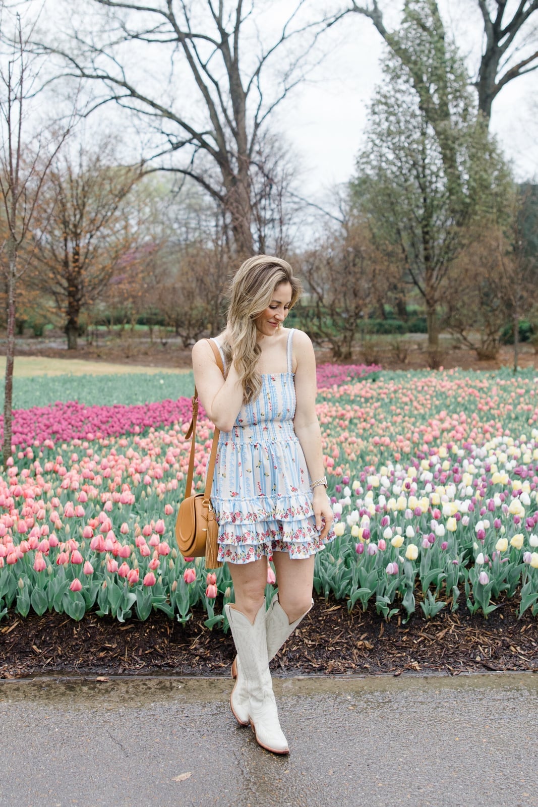 White Cowgirl Boots With Striped Mini Dress and Crossbody Bag — Cowgirl Boots Outfit