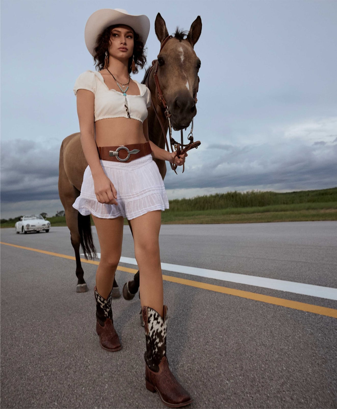 Patterned Cowgirl Boots With Crop Top and Mini Skirt — Cowgirl Boots Outfit