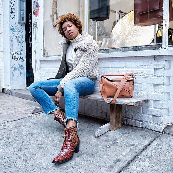 Croc-Embossed Cowgirl Boots With Faux Fur Jacket and Tan Crossbody Bag — Cowgirl Boots Outfit