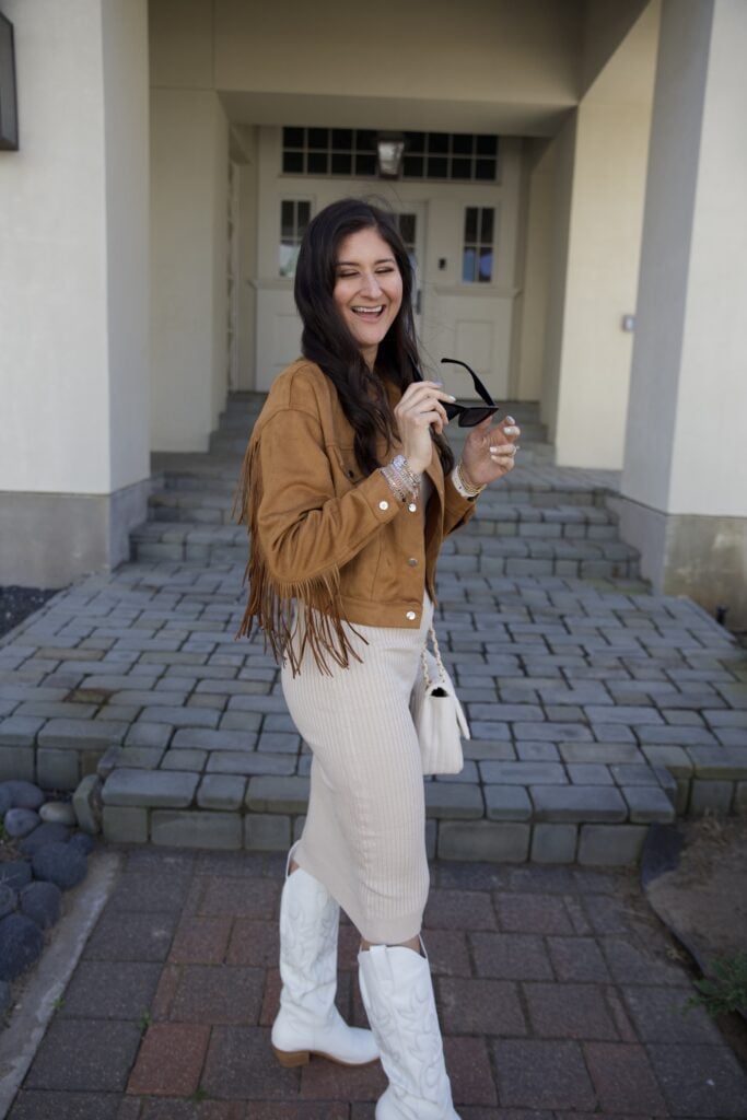 Fringe Jacket With White Cowgirl Boots — Cowgirl Boots Outfit