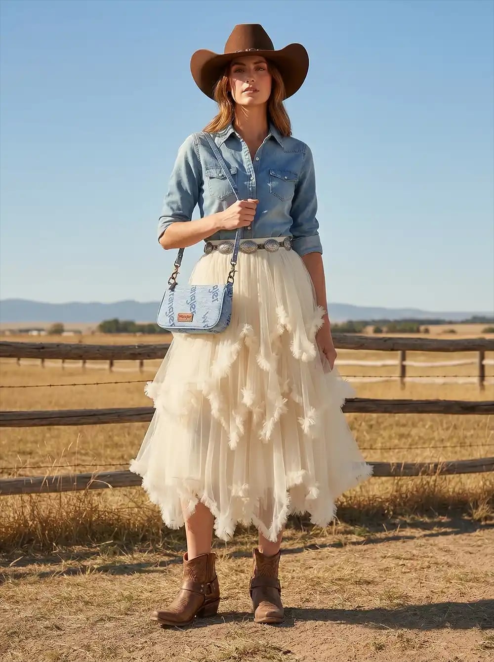 Tiered Tulle Skirt With Brown Cowgirl Boots — Cowgirl Boots Outfit