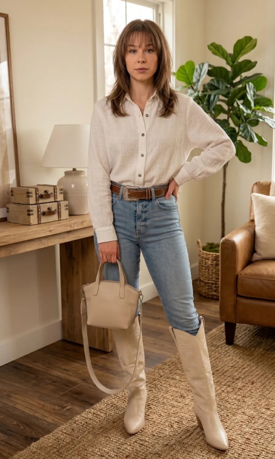 Cream Knee-High Boots With Linen Shirt — Cowgirl Boots Outfit