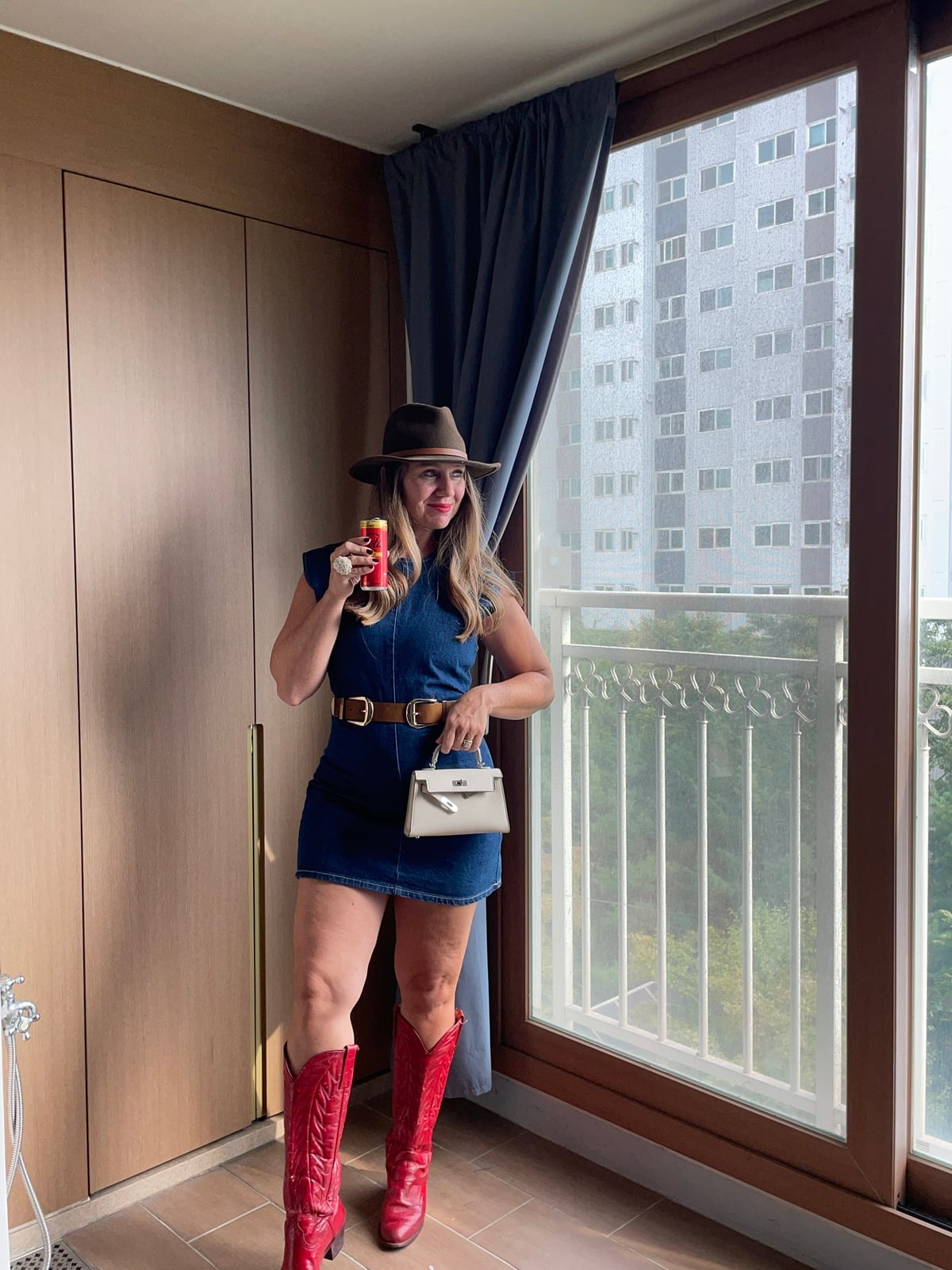 Bright Red Cowgirl Boots With Denim Dress — Cowgirl Boots Outfit