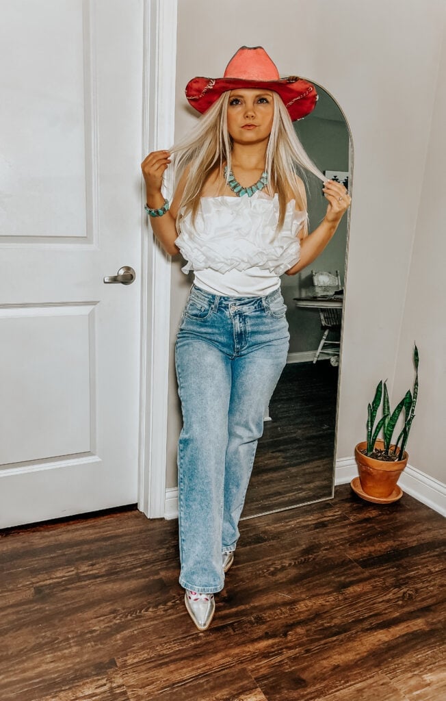 Off-the-Shoulder Top and Metallic Heels — Cowgirl Outfits