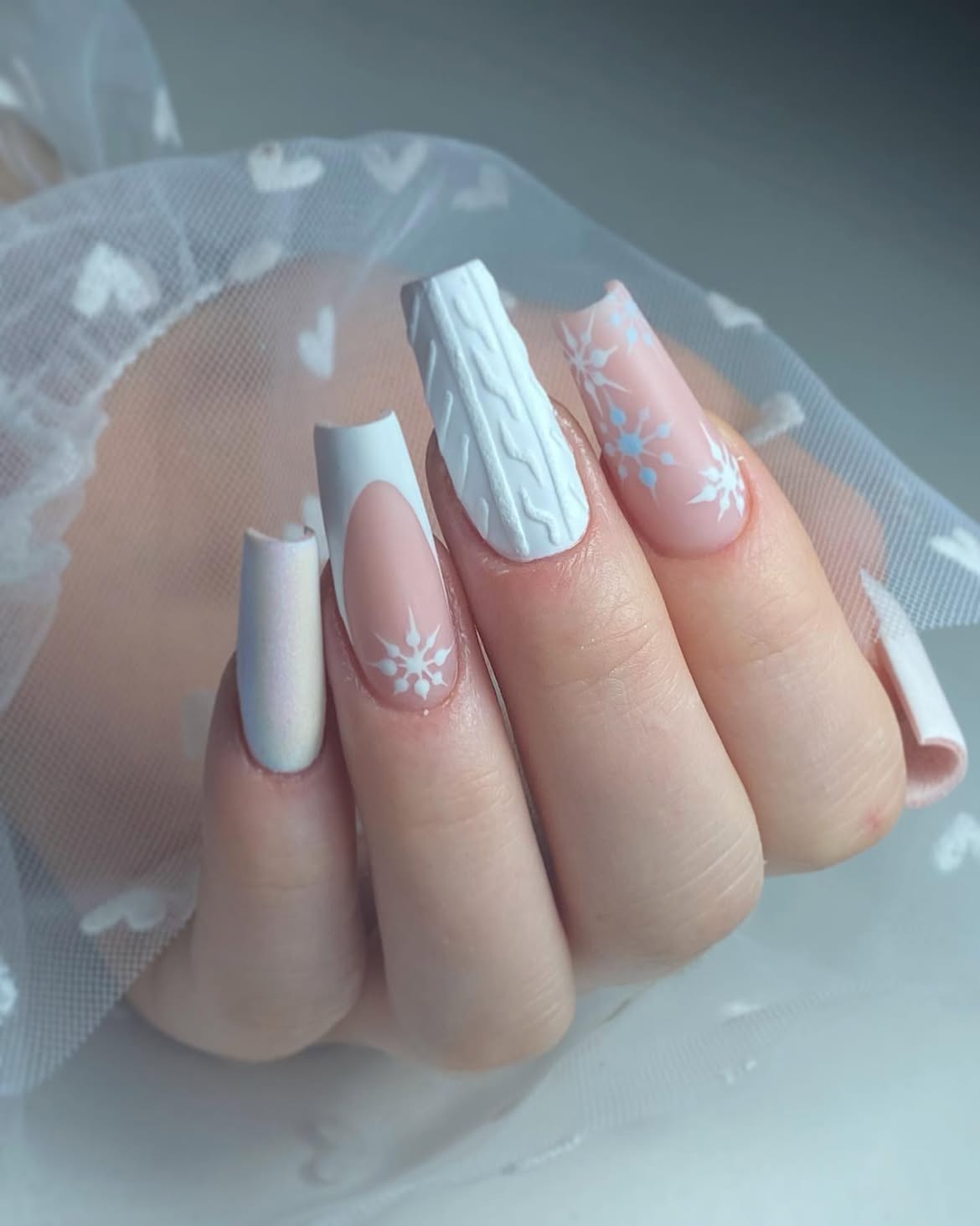 Cozy Cable Knit French Tip Snowflake Nails
