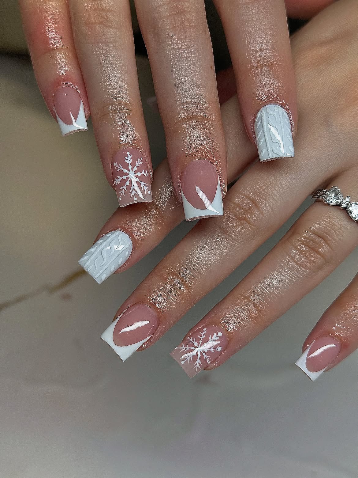 Cozy Cable Knit French Tip Snowflake Nails