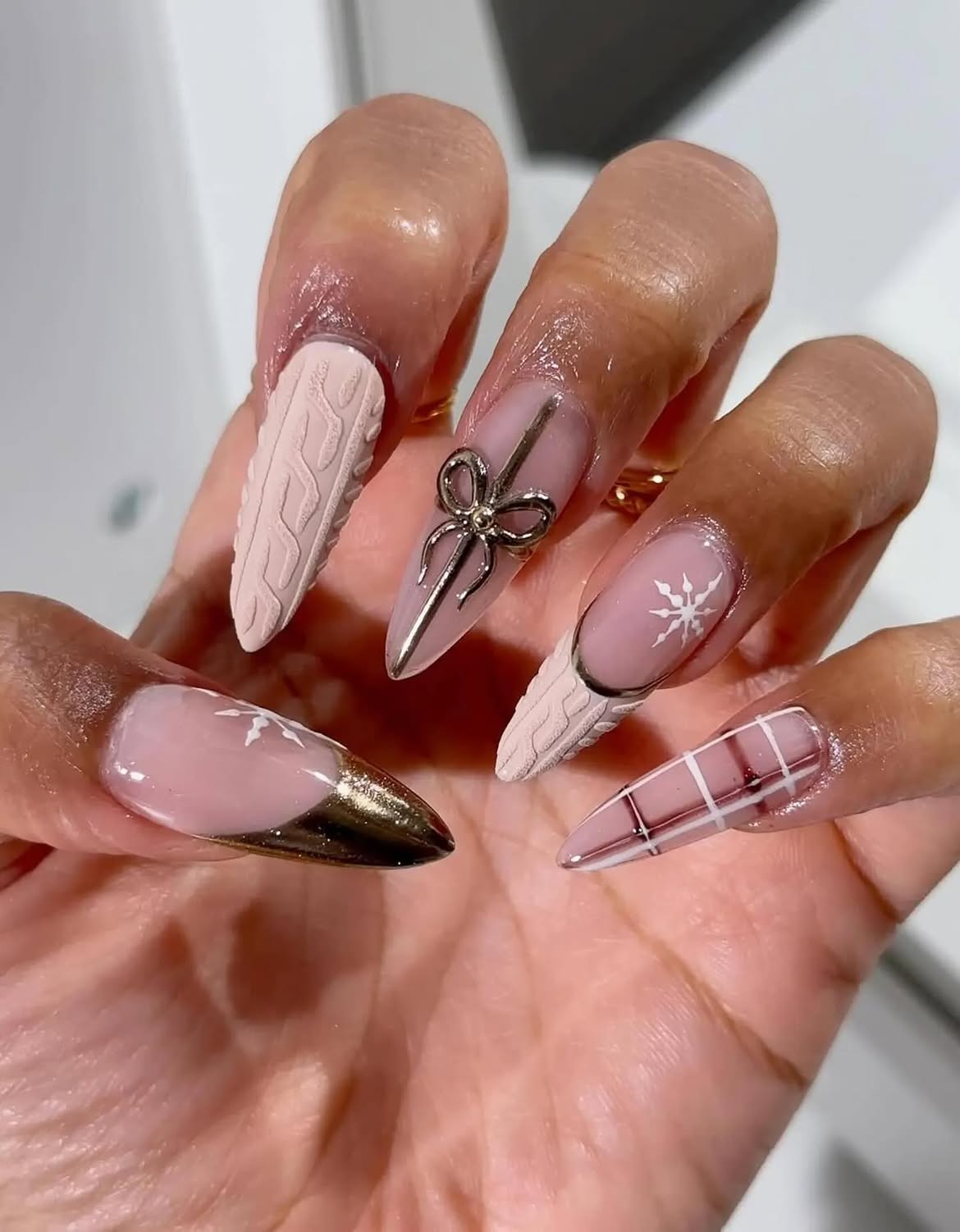 Cozy Cable Knit & Plaid Stiletto Nails