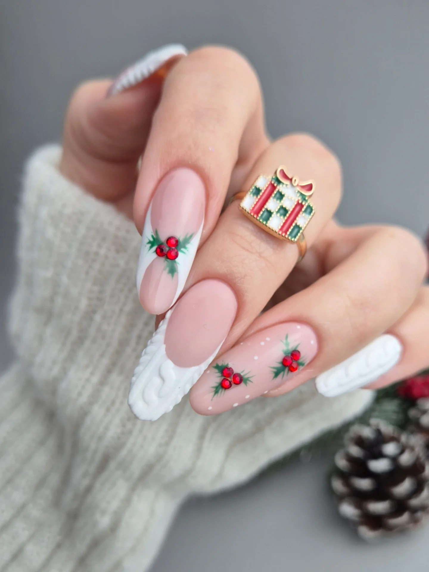 Cozy Christmas French Tip Almond Nails