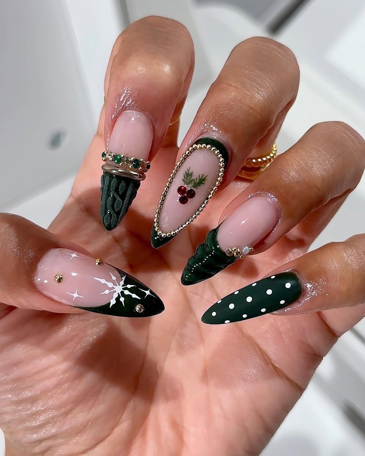 Cozy Christmas Sweater French Tips with Holly Accents