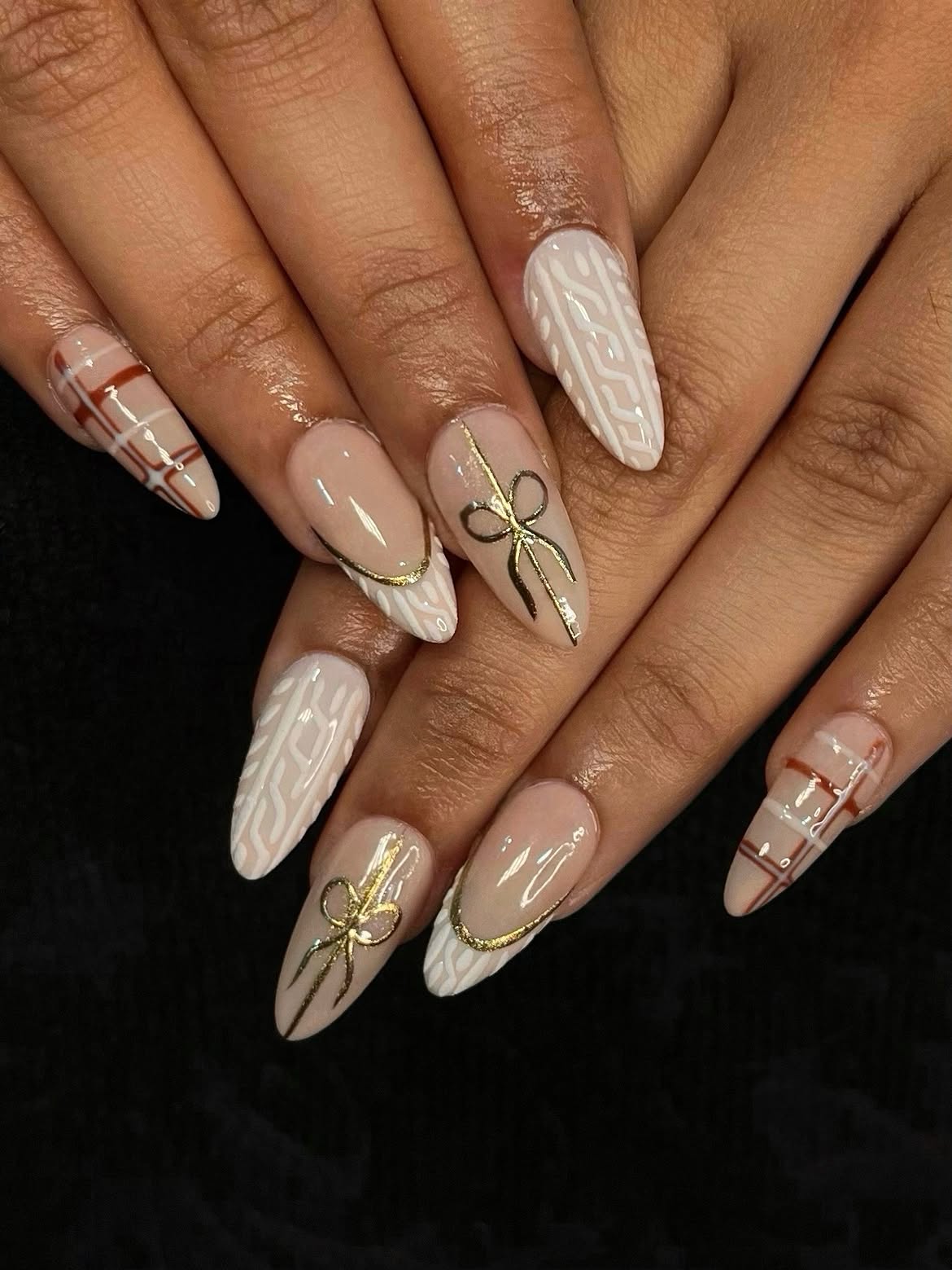 Cozy Cream Cable Knit Plaid Bow Nails
